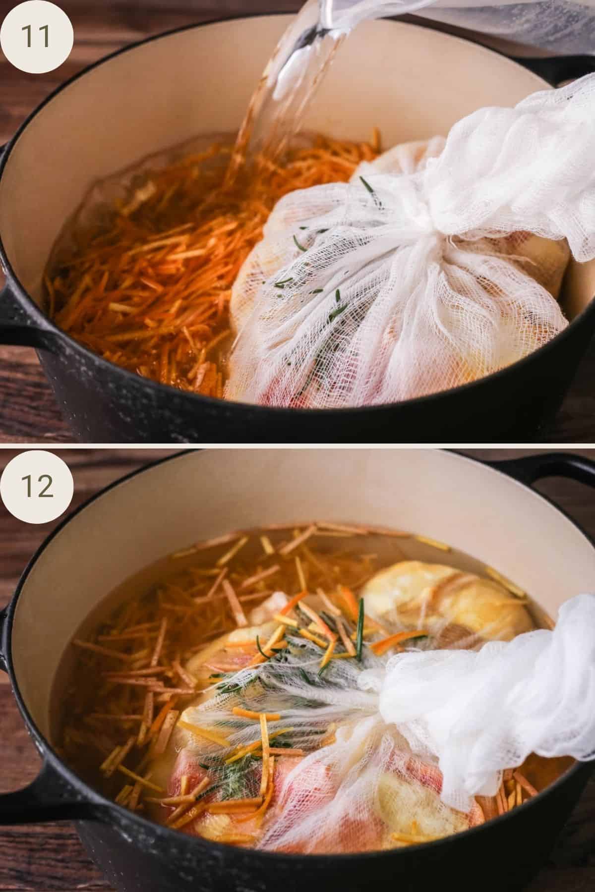 Muslin bag placed in preserving pan with the juice, peel and extra water.