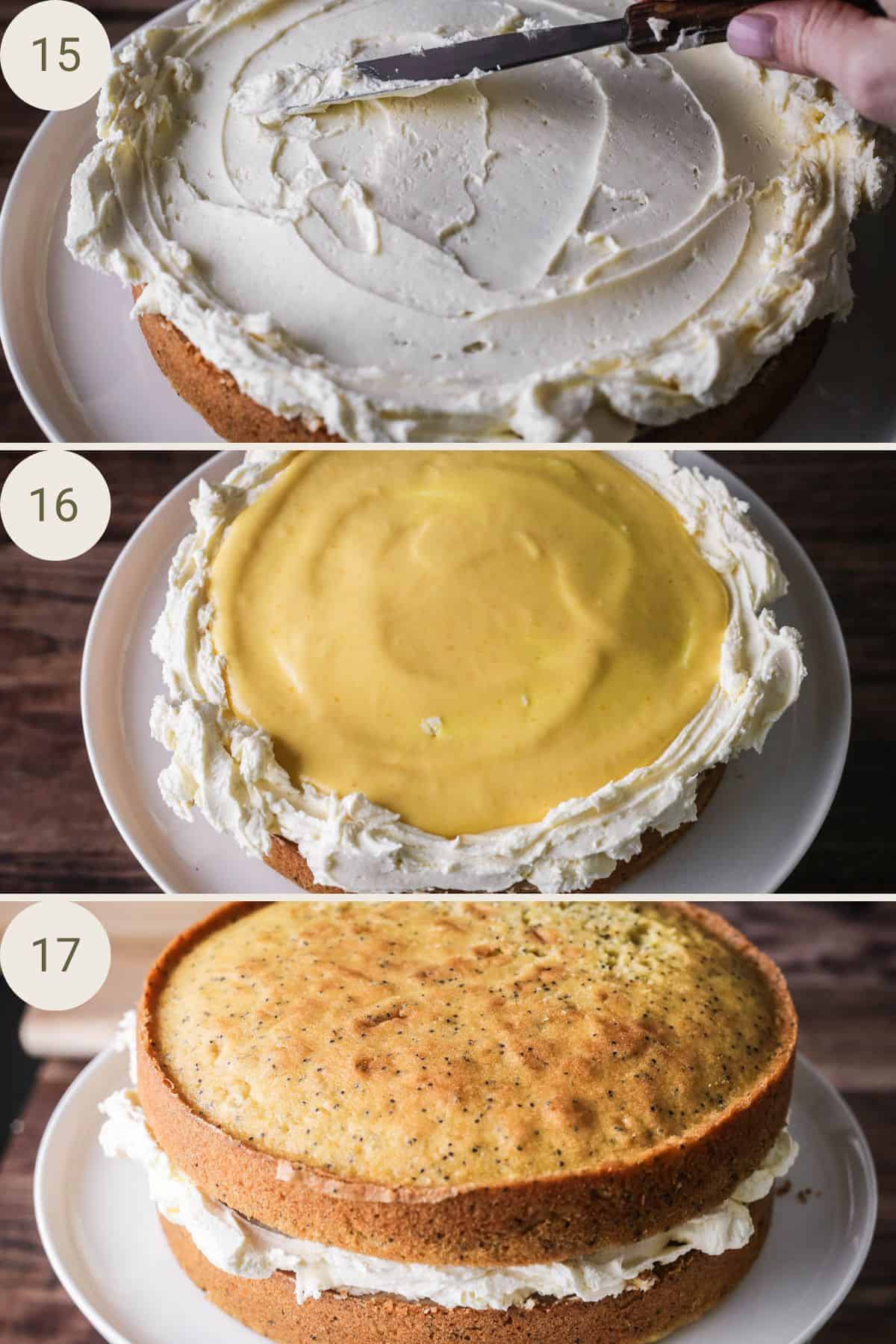 Palette knife spreading out buttercream over first sponge layer. Orange curd spread over the top. Second sponge layer placed on top.