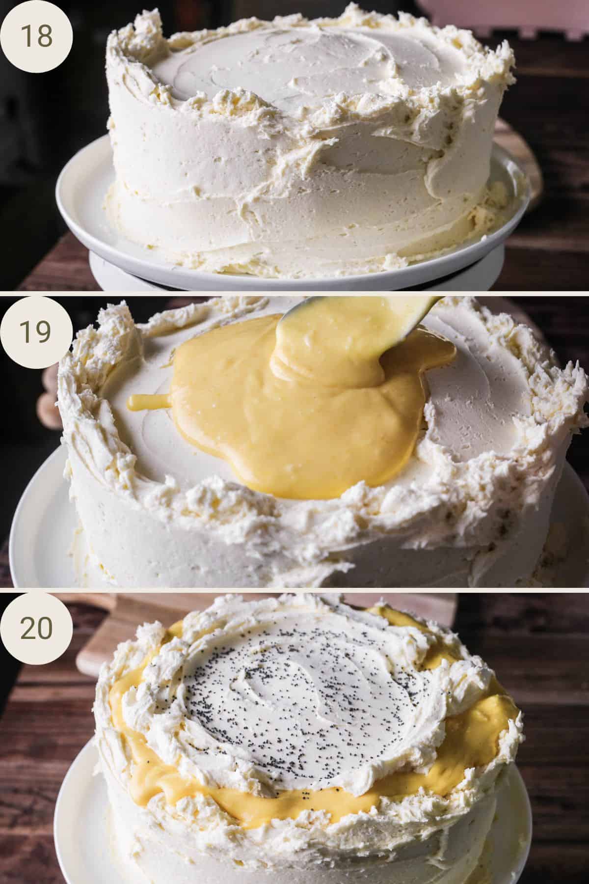 Cake covered with buttercream. Orange curd spooned over top and spread out. Extra buttercream spread over orange curd and poppy seeds sprinkled over the top.