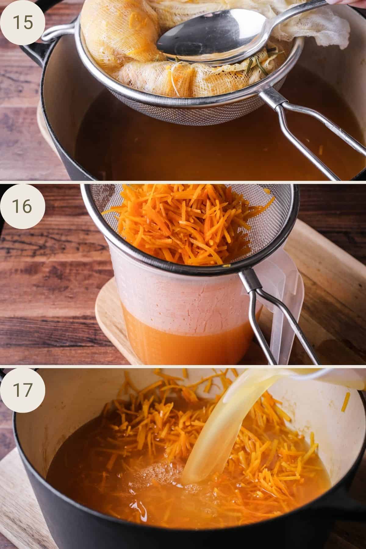 Muslin bag placed in sieve over preserving pan. Spoon squeezing the bag so extra juice is released. Juices sieved into measuring jug ready to weigh juices. Juices and peel poured back into preserving pan with extra water.