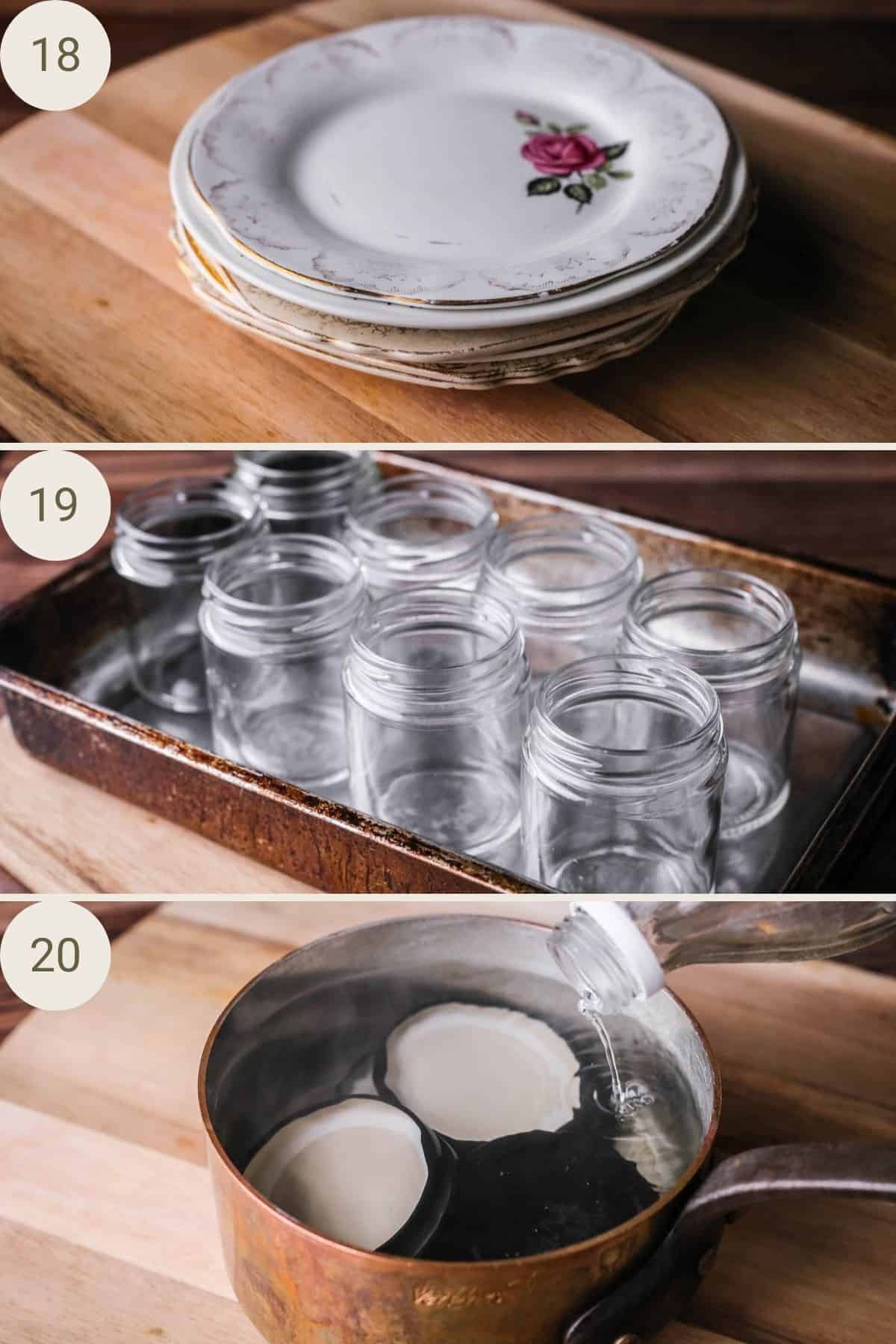 Saucers ready to go in the freezer. Jars on baking tray for sterilising in oven. Lids in saucepan with water and vinegar poured in ready for sterilising.