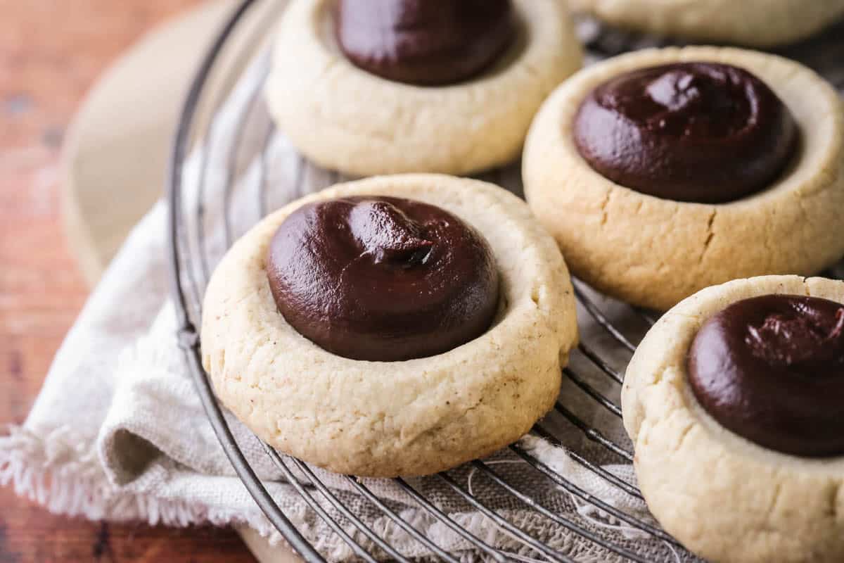 Thumbprint cookie filled with chocolate ganache.