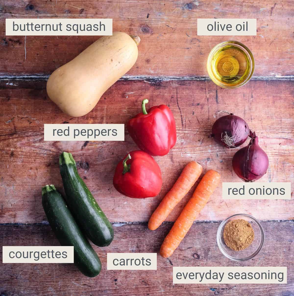 roasted vegetables ingredients on a table.