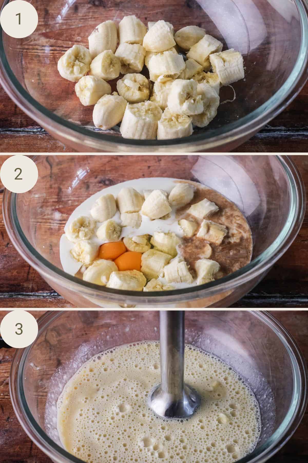 Chunked up ripe bananas in a mixing bowl. Followed by the rest of the wet ingredient and blended together using an immersion blender.