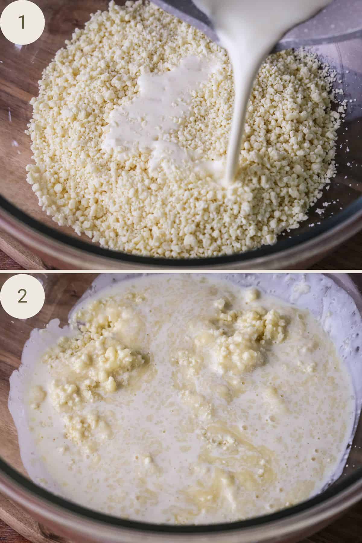 Warm cream poured into a bowl of finely chopped white chocolate pieces. Next, the white chocolate fully submerged in the cream.