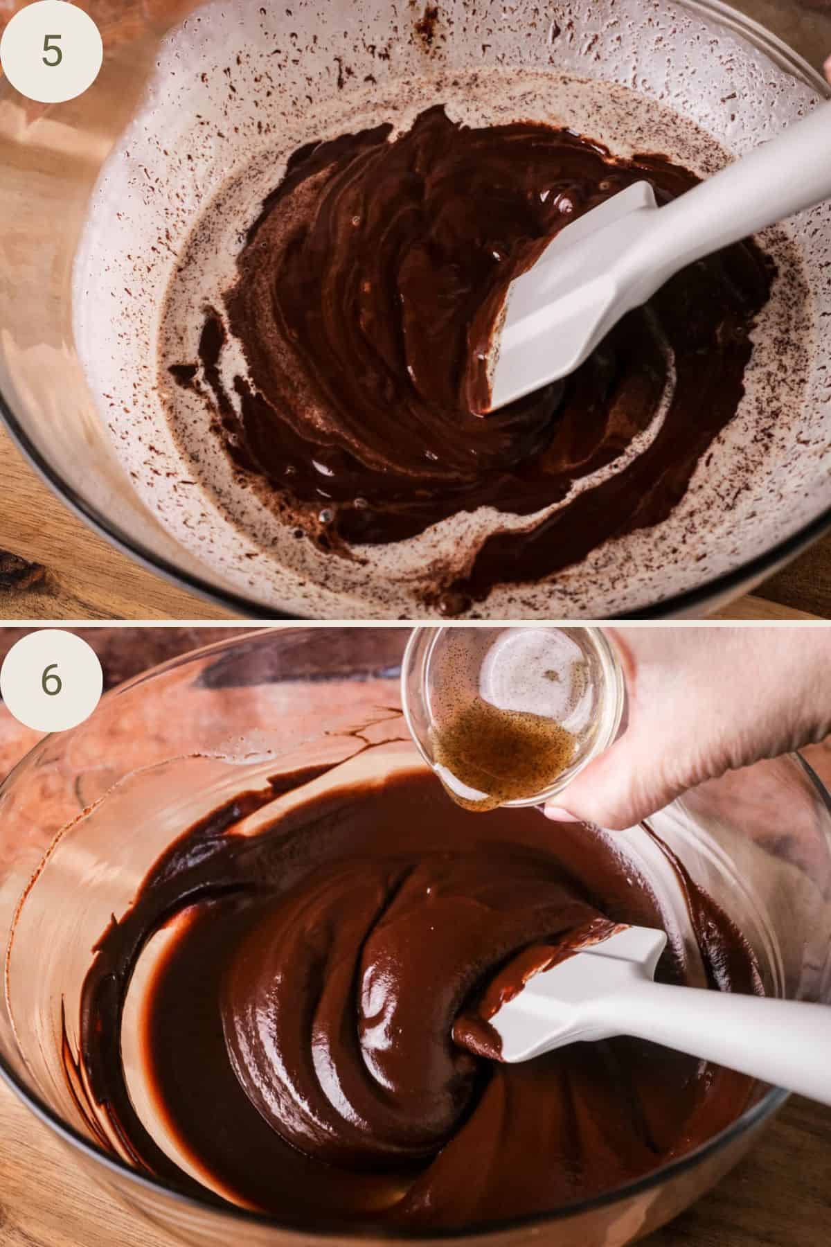 Chocolate mixed into cream in bowl. Vanilla extract poured into mixed ganache.