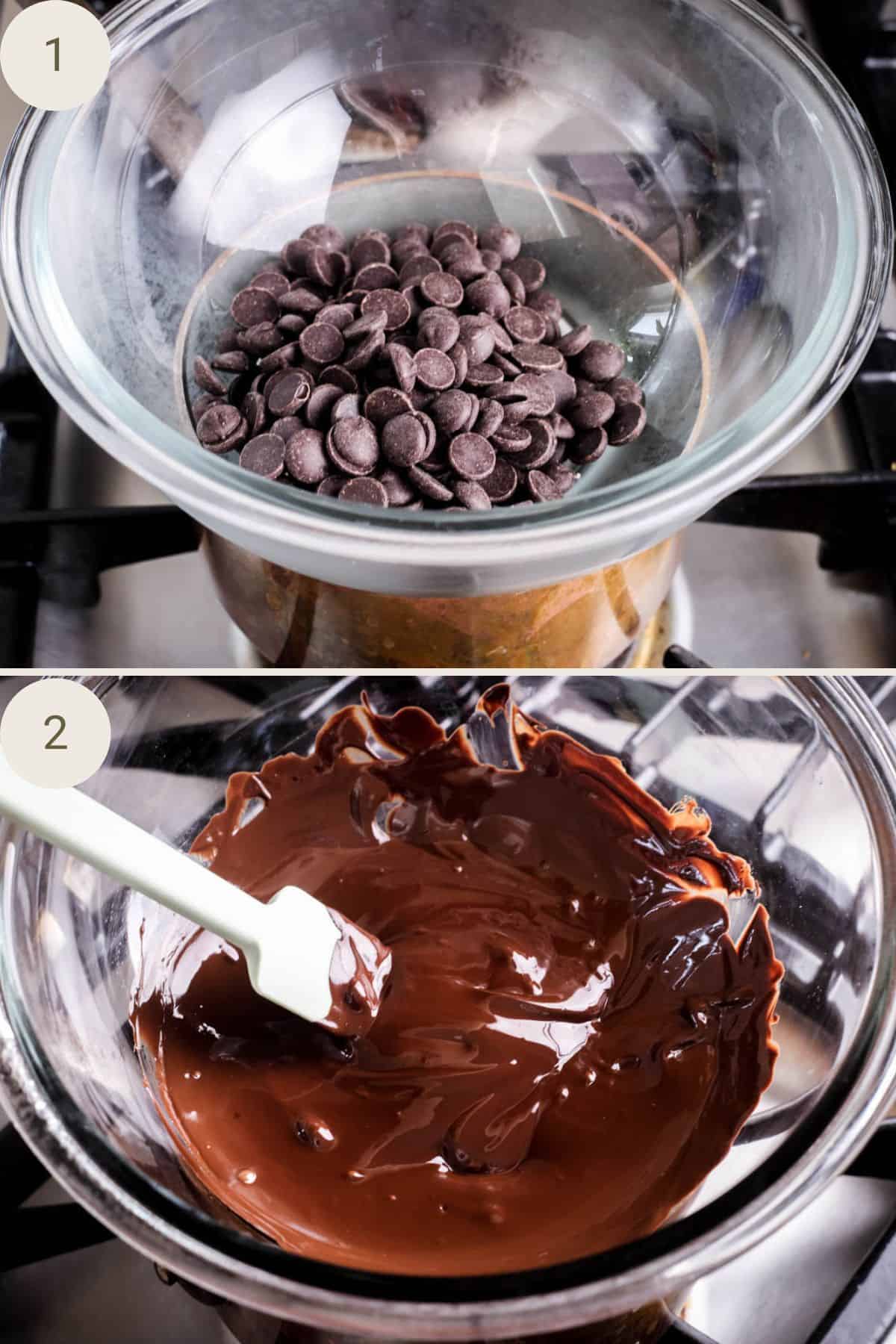 Chocolate callets in a bowl set over a pan of simmering water. Stirred and melted.
