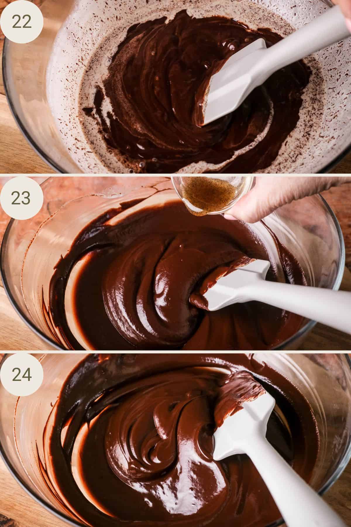 Cream and chocolate mixing together in bowl. Vanilla extract added to ganache and mixed until smooth.