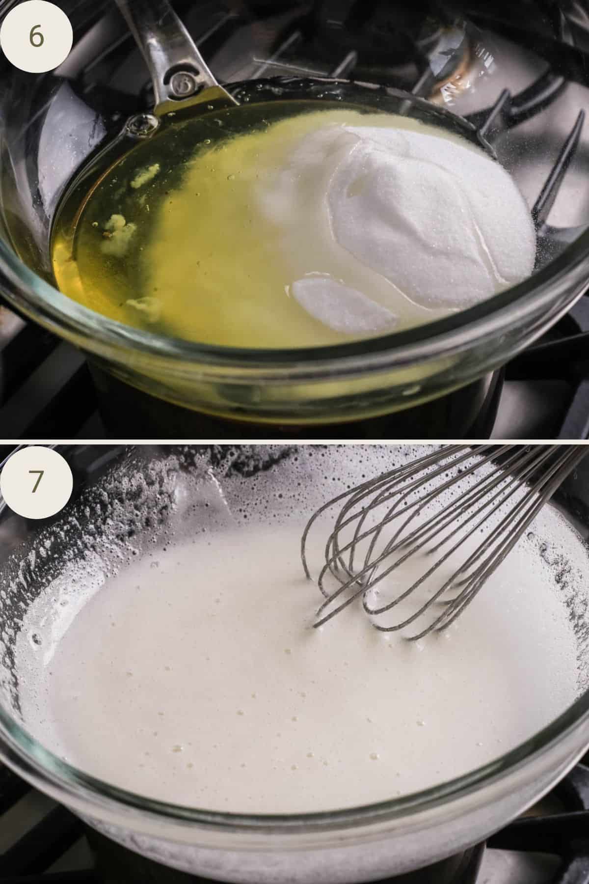 Caster sugar and egg whites whisked together in a mixing bowl set over a pan of simmering water. Whisked all the time until melted together.