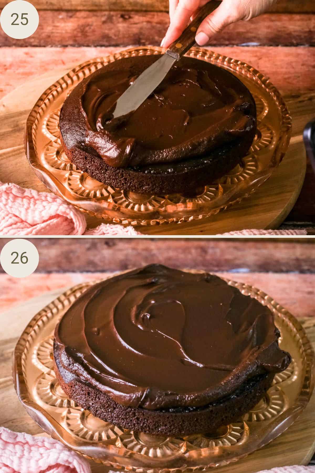 Chocolate ganache spread over first layer of chocolate sponge with a mini palette knife.