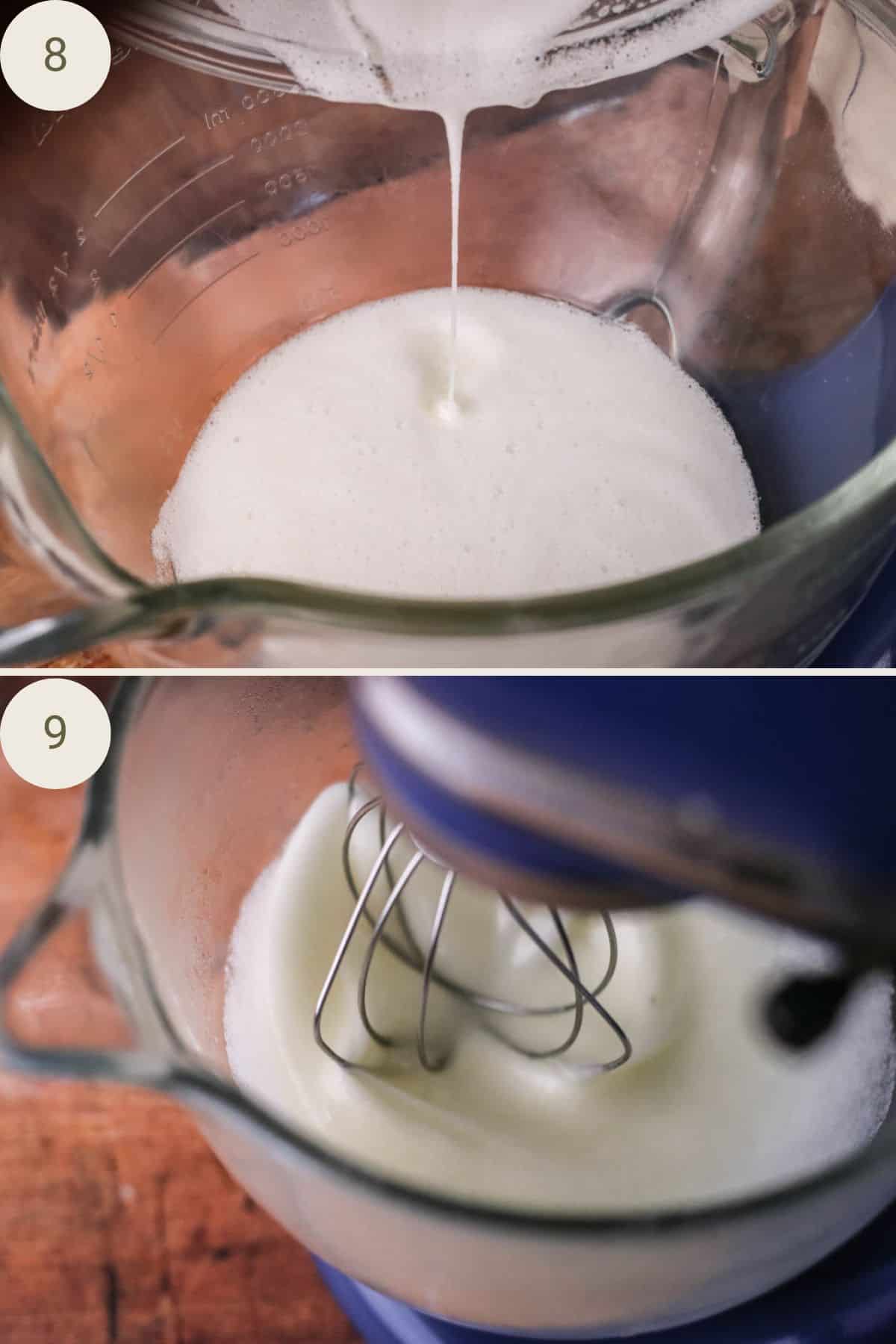 Egg white mixture poured into stand mixer. Whisked on a medium setting.