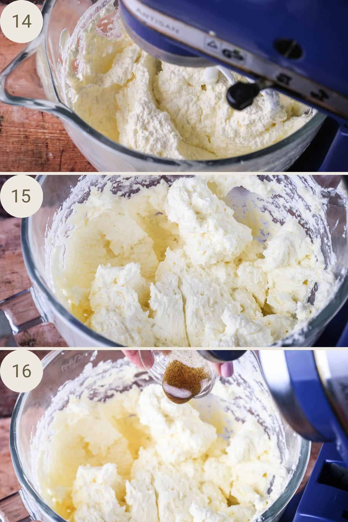 Swiss meringue buttercream looking curdled. Mixed for longer until smooth and creamy. Vanilla extract and salt added.