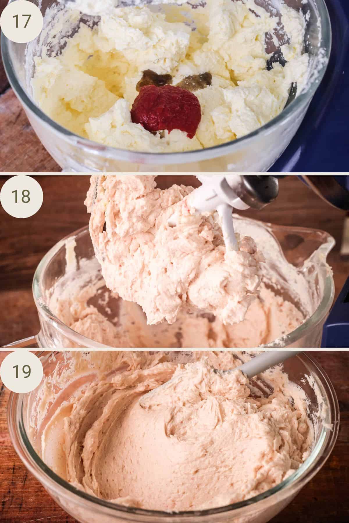 Raspberry puree added to buttercream, whisked until smooth and creamy.