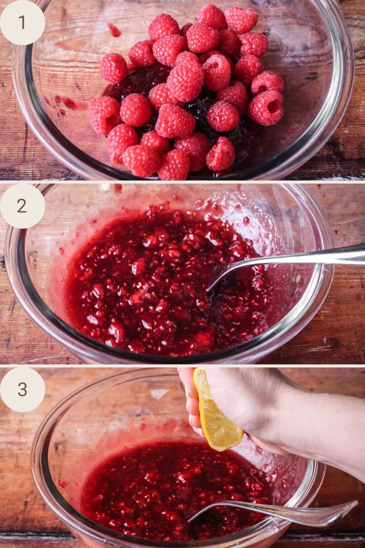 Raspberries and jam in a bowl, crushed together with a fork. Squeeze of lemon juice added.
