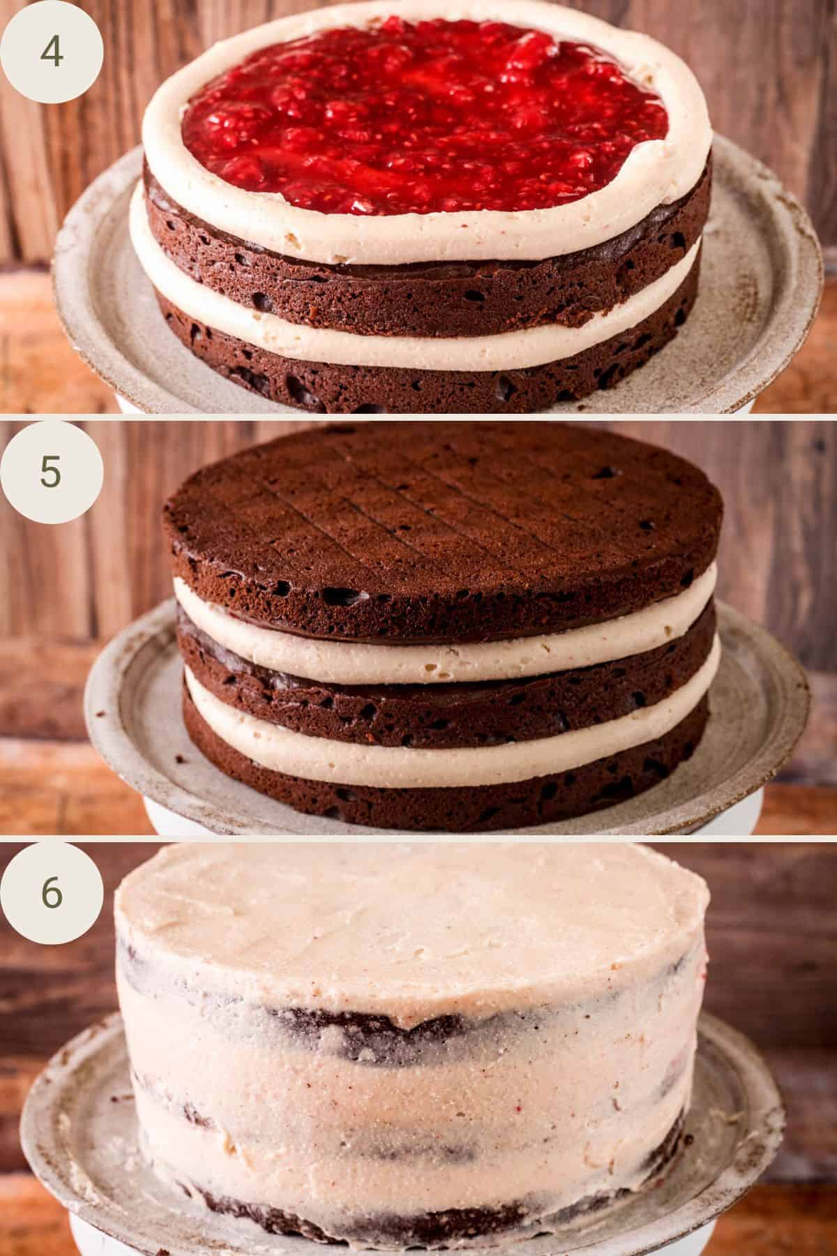 Raspberry filling added to second cake layer. Third chocolate sponge layer placed on top. Covered in crumb coat of swiss meringue buttercream.