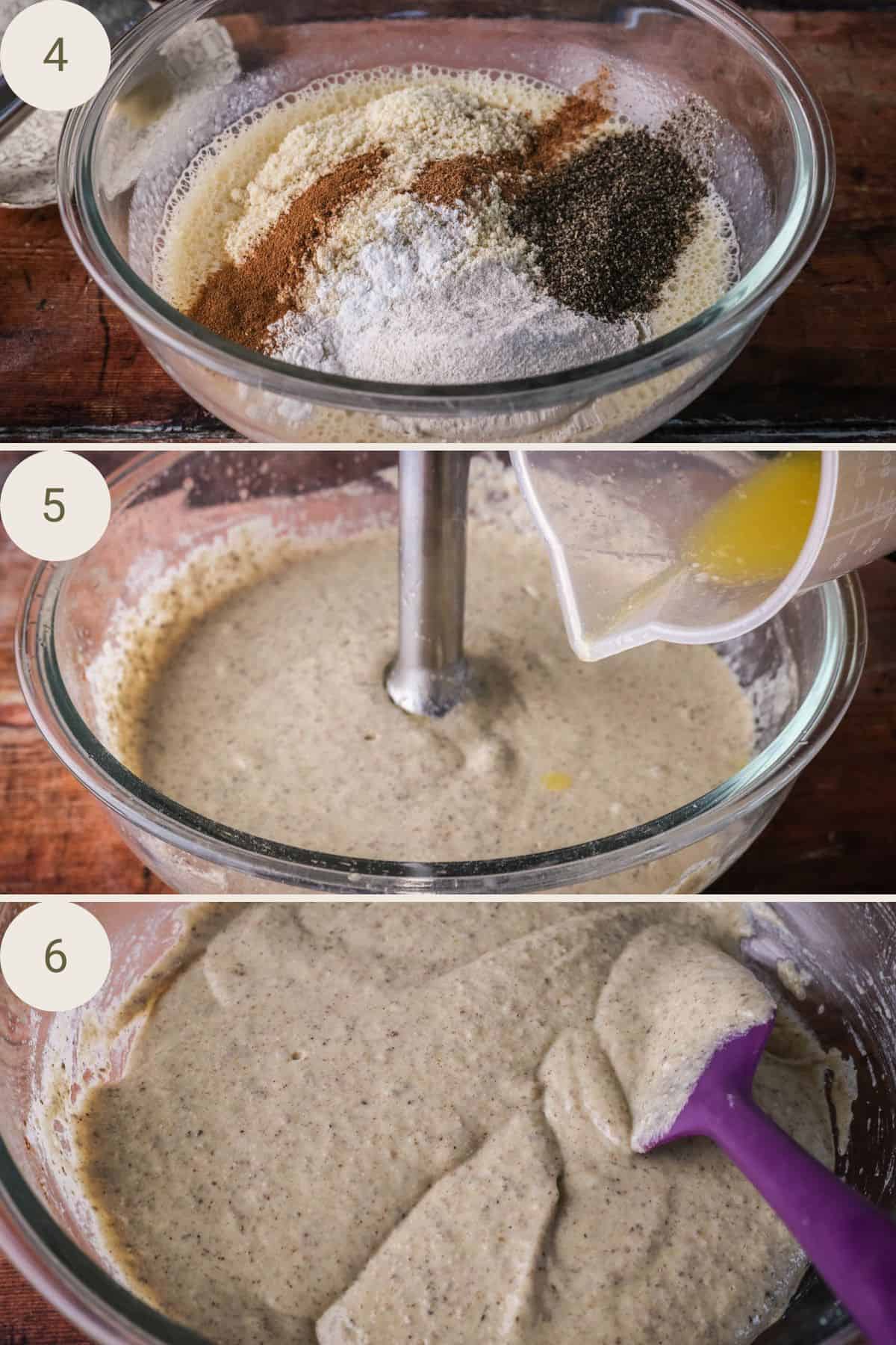 Dry ingredients added to wet ingredients in a large mixing bowl. Blended together. Melted butter poured in as batter is being blended.
