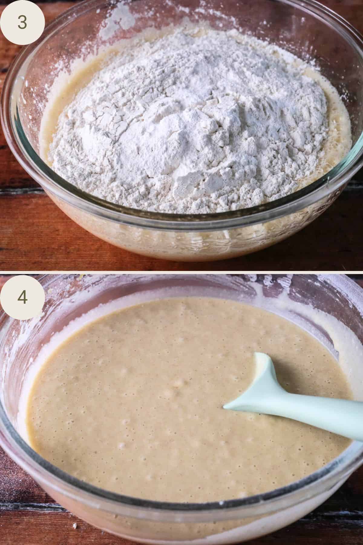 Dry ingredients added to wet ingredients.