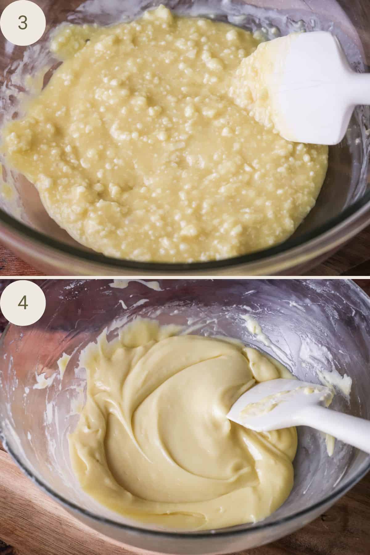 Stirring white chocolate in cream until the mixture is smooth.
