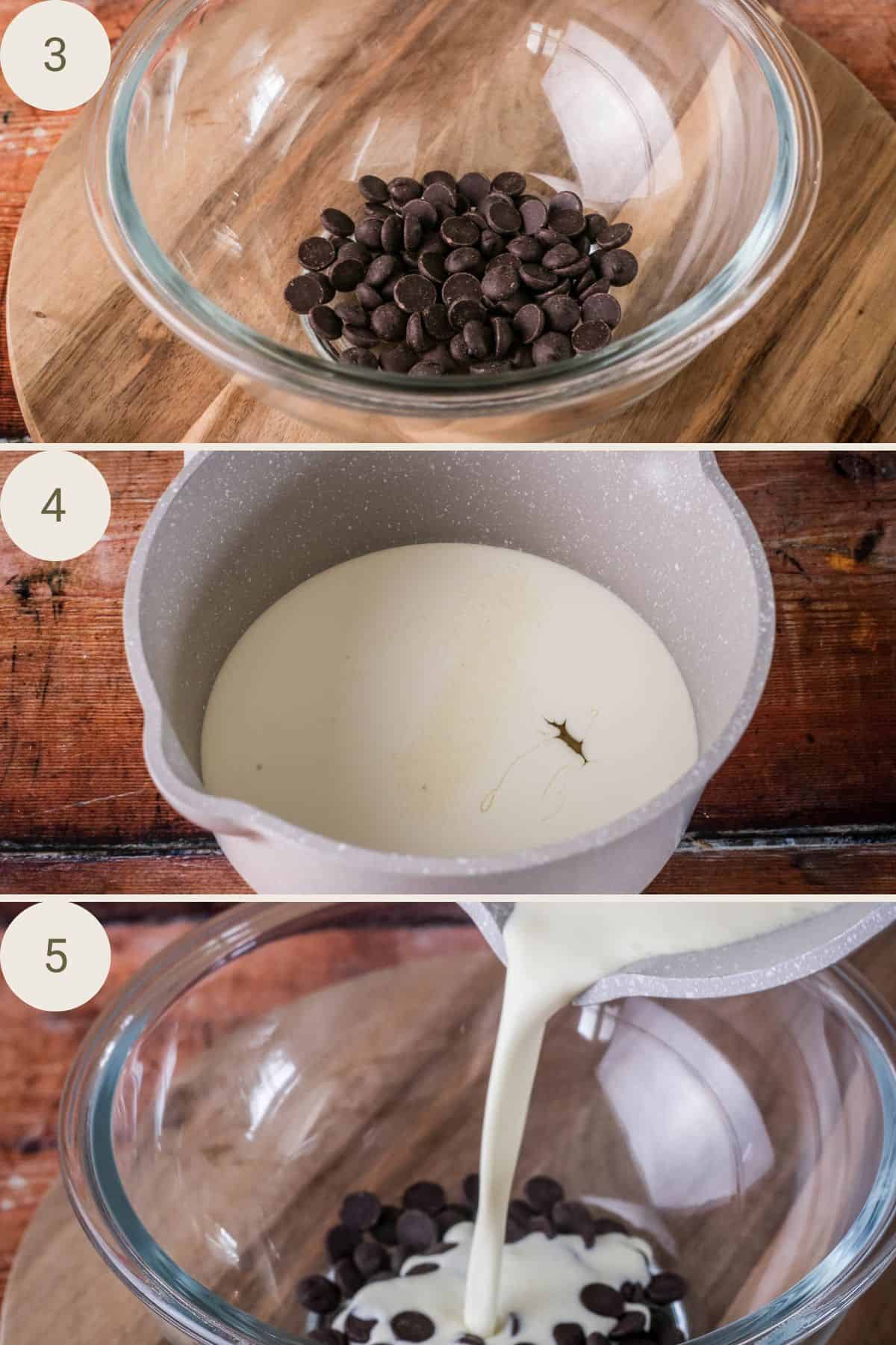Chocolate in a glass bowl. Cream heated with golden syrup and salt. Poured over chocolate.