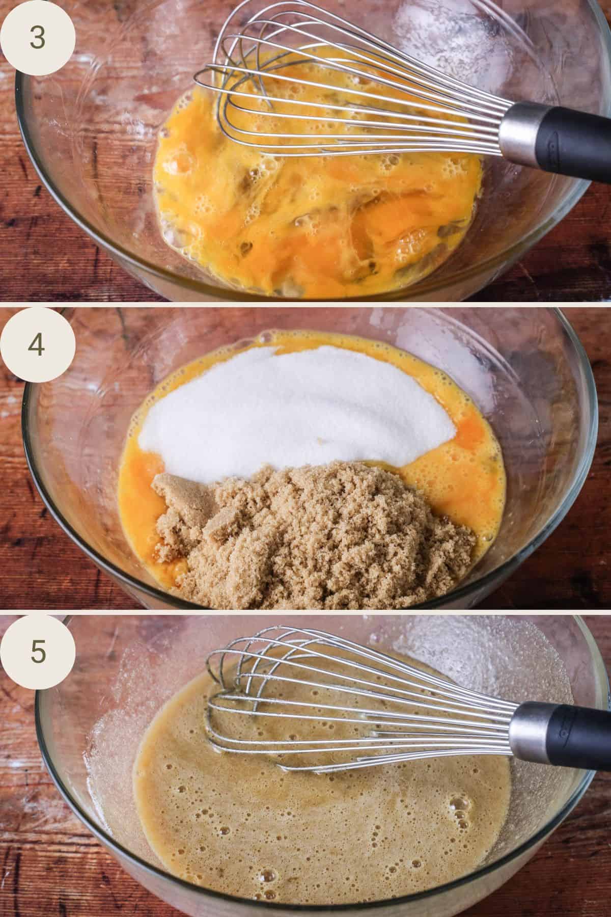 Eggs mixed in a mixing bowl. Sugars added. Sugars mixed together with a balloon whisk.