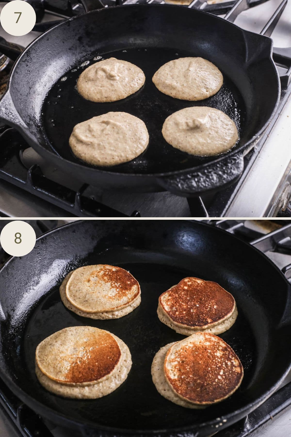Banana Pancakes in a cast iron skillet. Cooking on one side and then the other until golden brown.