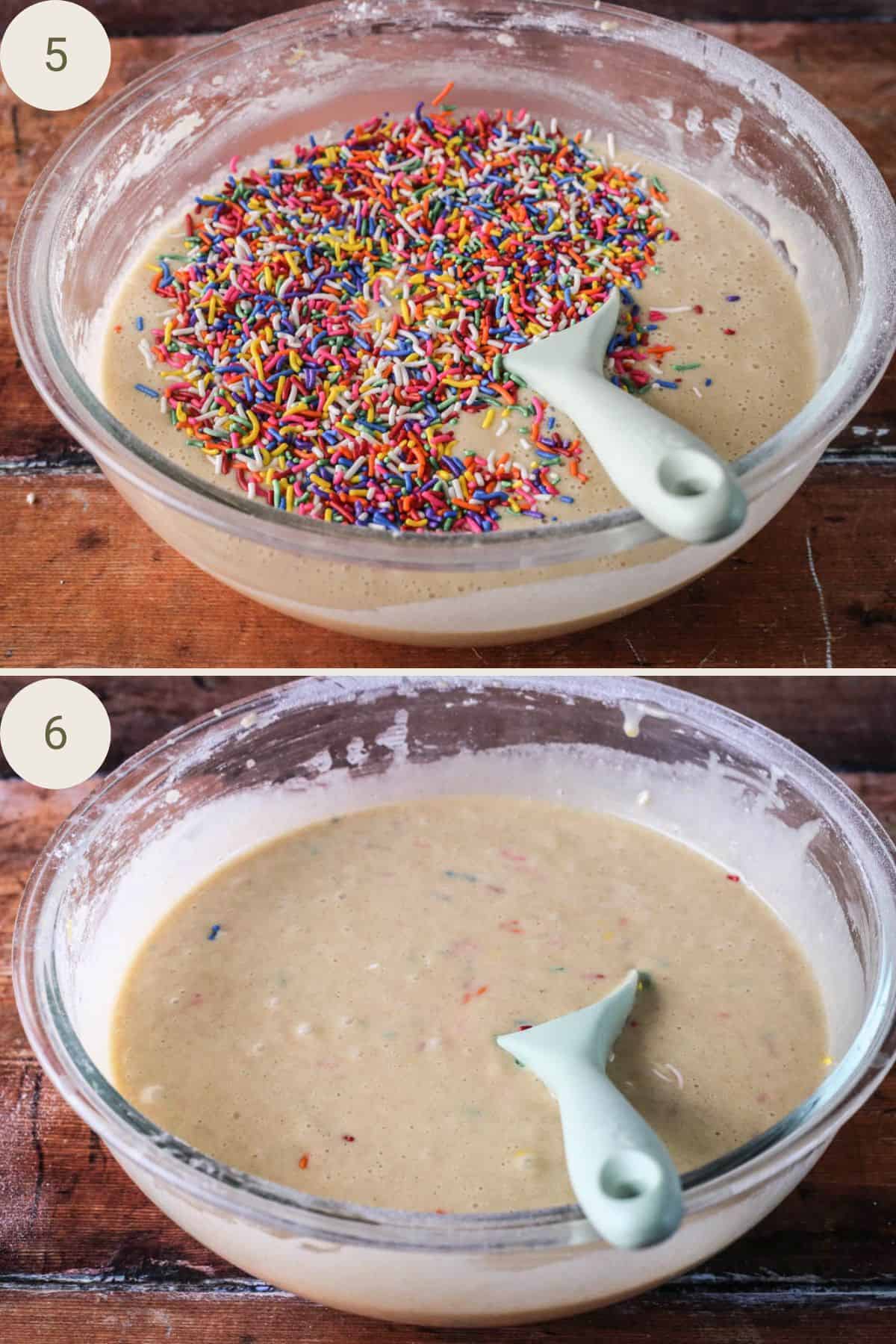 Sprinkles added to cupcake batter and stirred in.