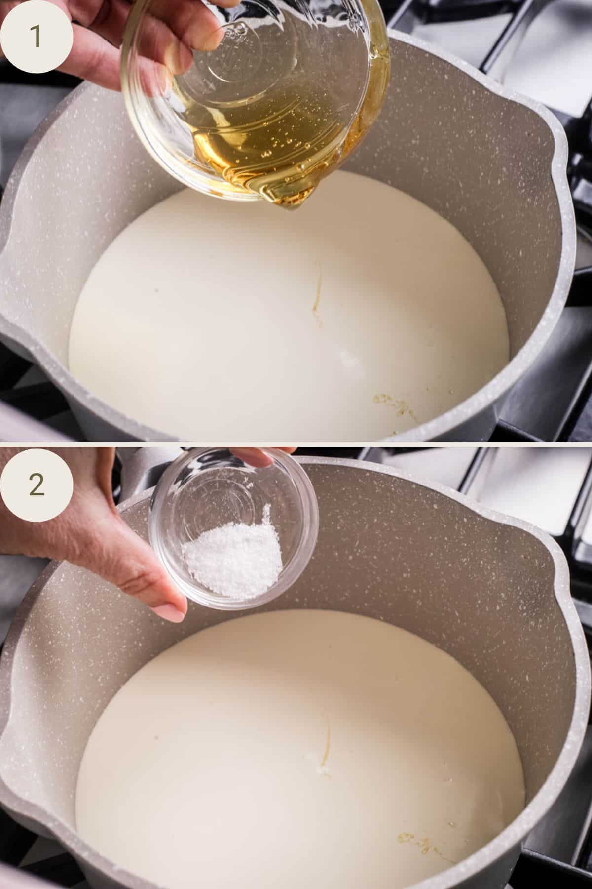 Golden syrup poured into a saucepan of cream. Salt poured into saucepan of cream.