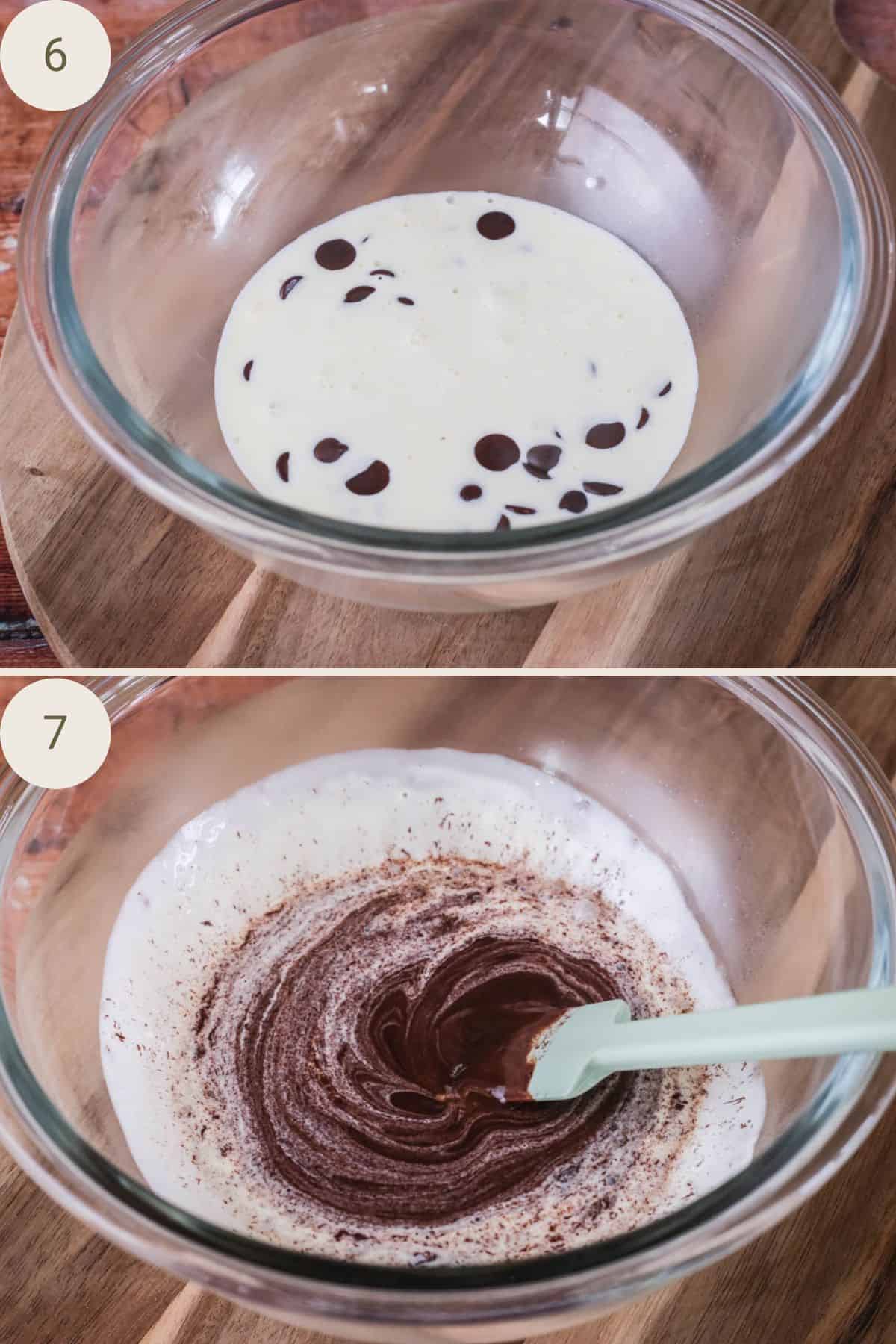 Chocolate resting in cream and melting. Stirred into cream.