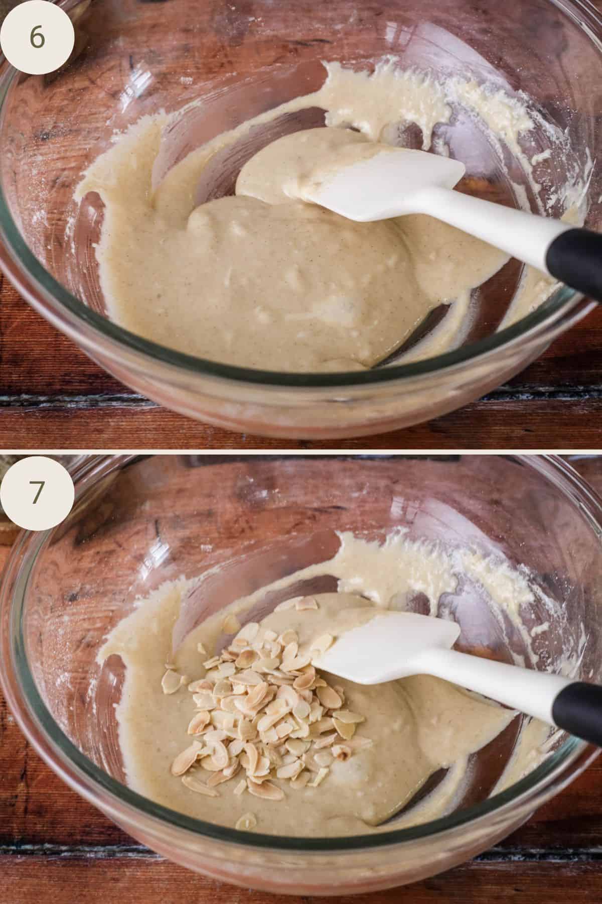 The tuile batter is mixed together with a silicone spatula. The flaked almonds then added in.
