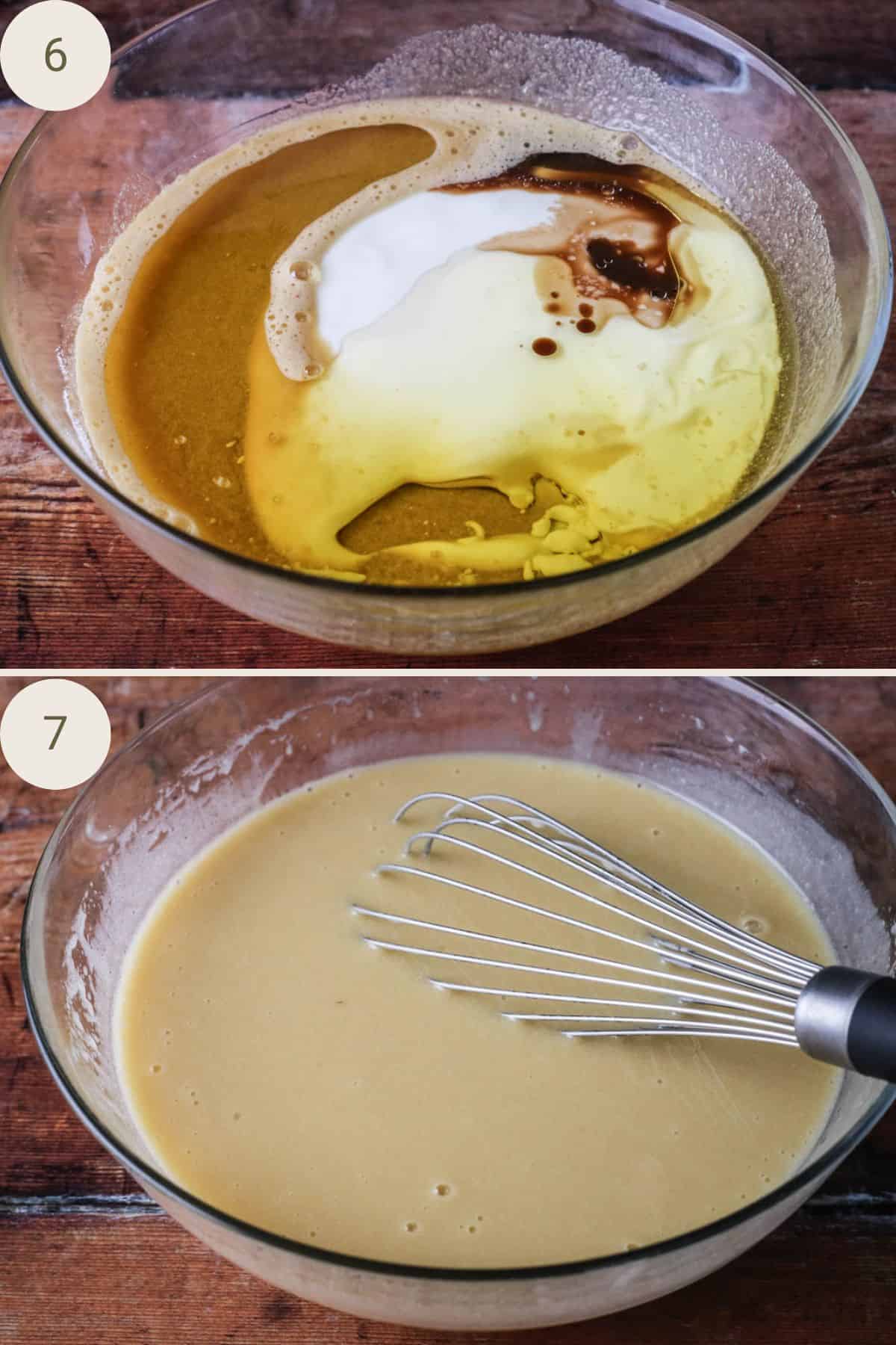 Buttermilk, olive oil and vanilla added and mixed together.