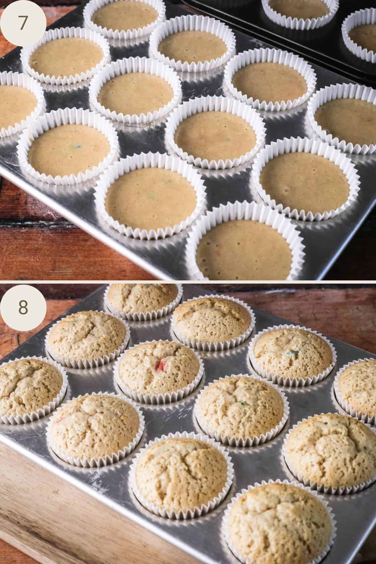 Cupcake batter divided between cupcake cases. Baked until lightly domed.