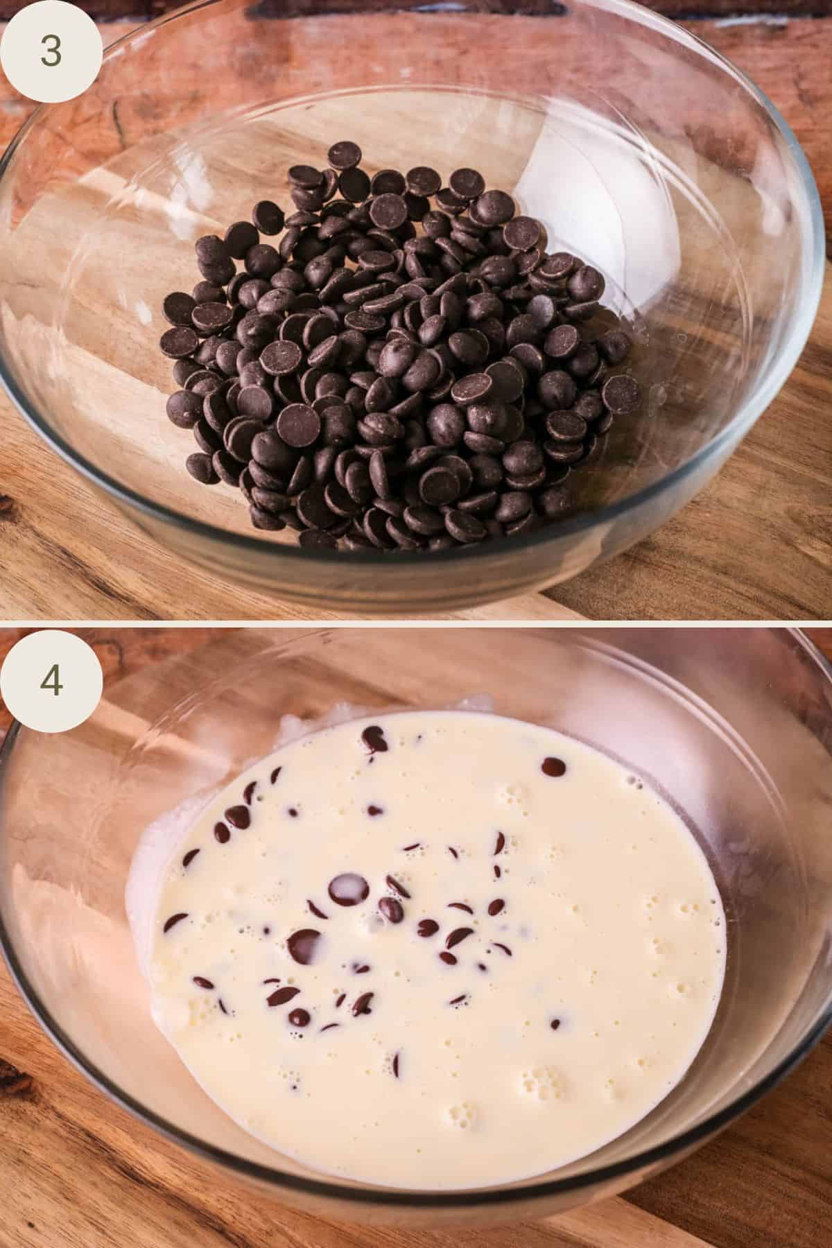 Dark Chocolate Ganache in small pieces in a bowl. Cream poured over the chocolate pieces to submerge them.