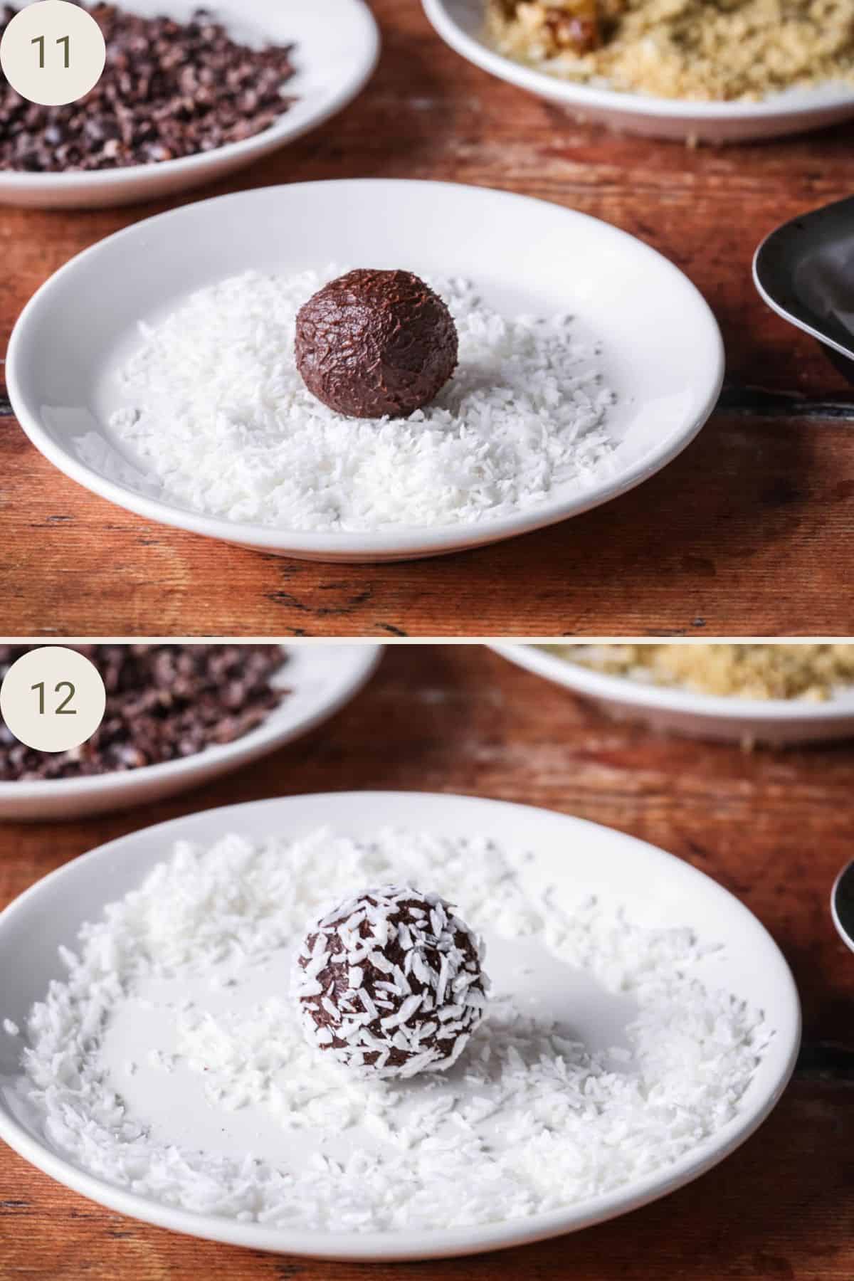 Chocolate truffle on a sauces of desiccated coconut. Showing truffle rolled in coconut.
