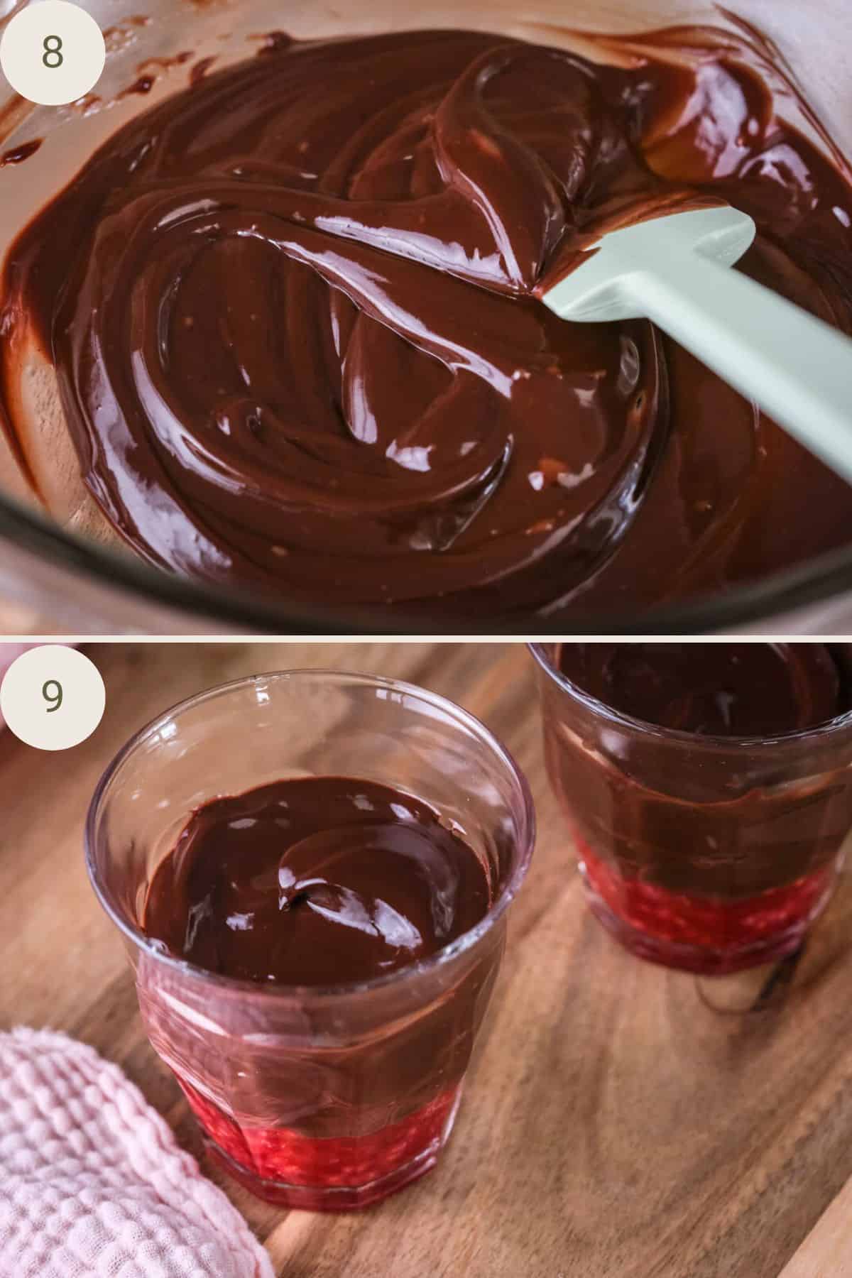 Smooth ganache formed and poured over the pots of raspberries.