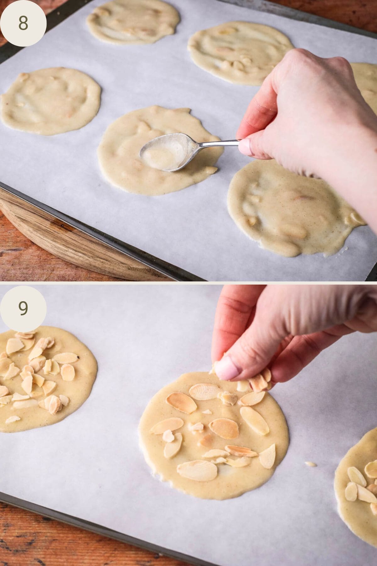 Using back of teaspoon to swirl the tuile batter into a thin circle on the baking tray. Sprinkling over extra flaked almonds.