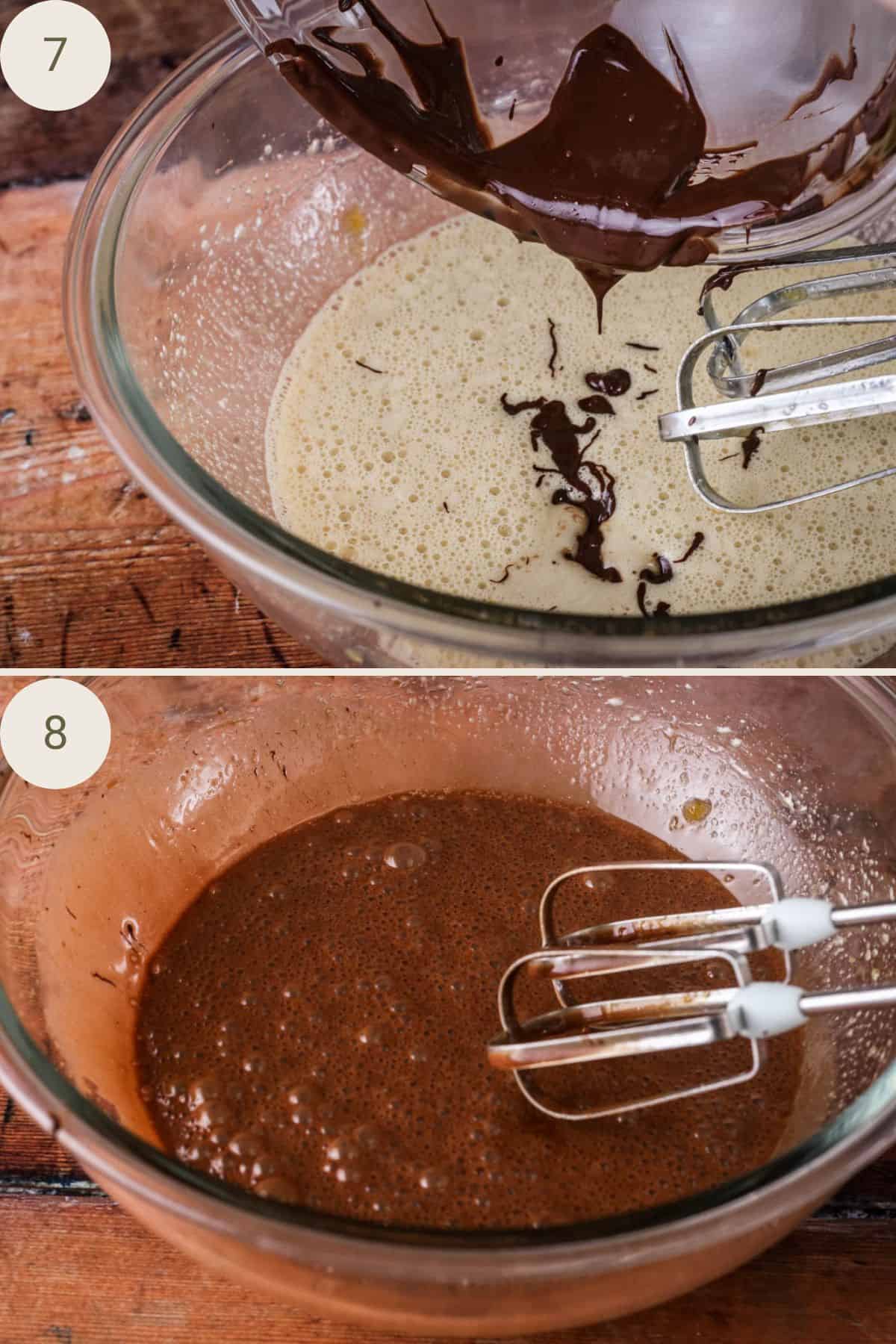 Melted chocolate added to the rest of the wet ingredients. Mixed in.