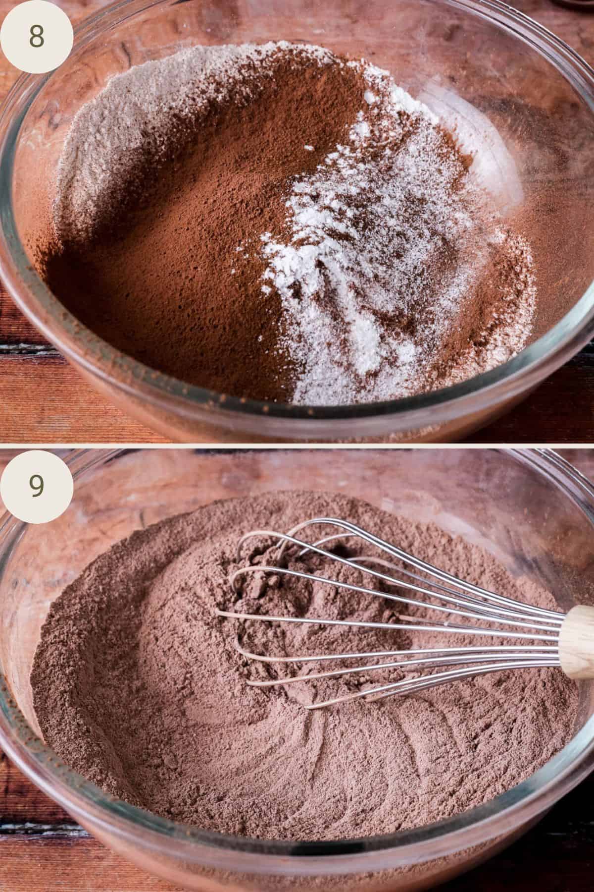Gluten-free flour, cocoa powder, salt and leavening agents in a large mixing bowl. Mixed together using a balloon whisk.