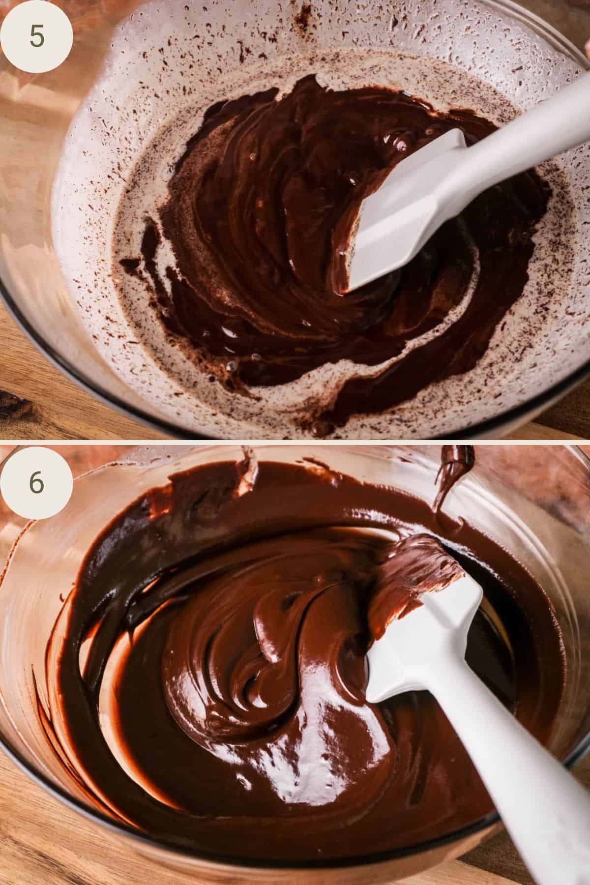 Chocolate stirred and melting into warm cream until the mixture is smooth and glossy.