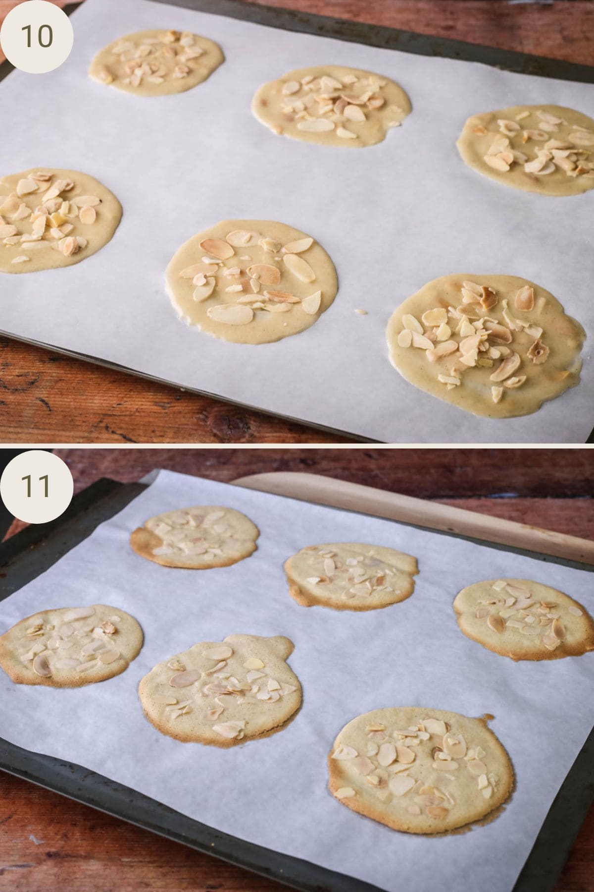 Almond tuile on baking tray before and after baking.