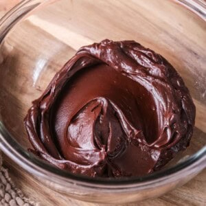 Thick, smooth and glossy Dark Chocolate Ganache in a bowl.