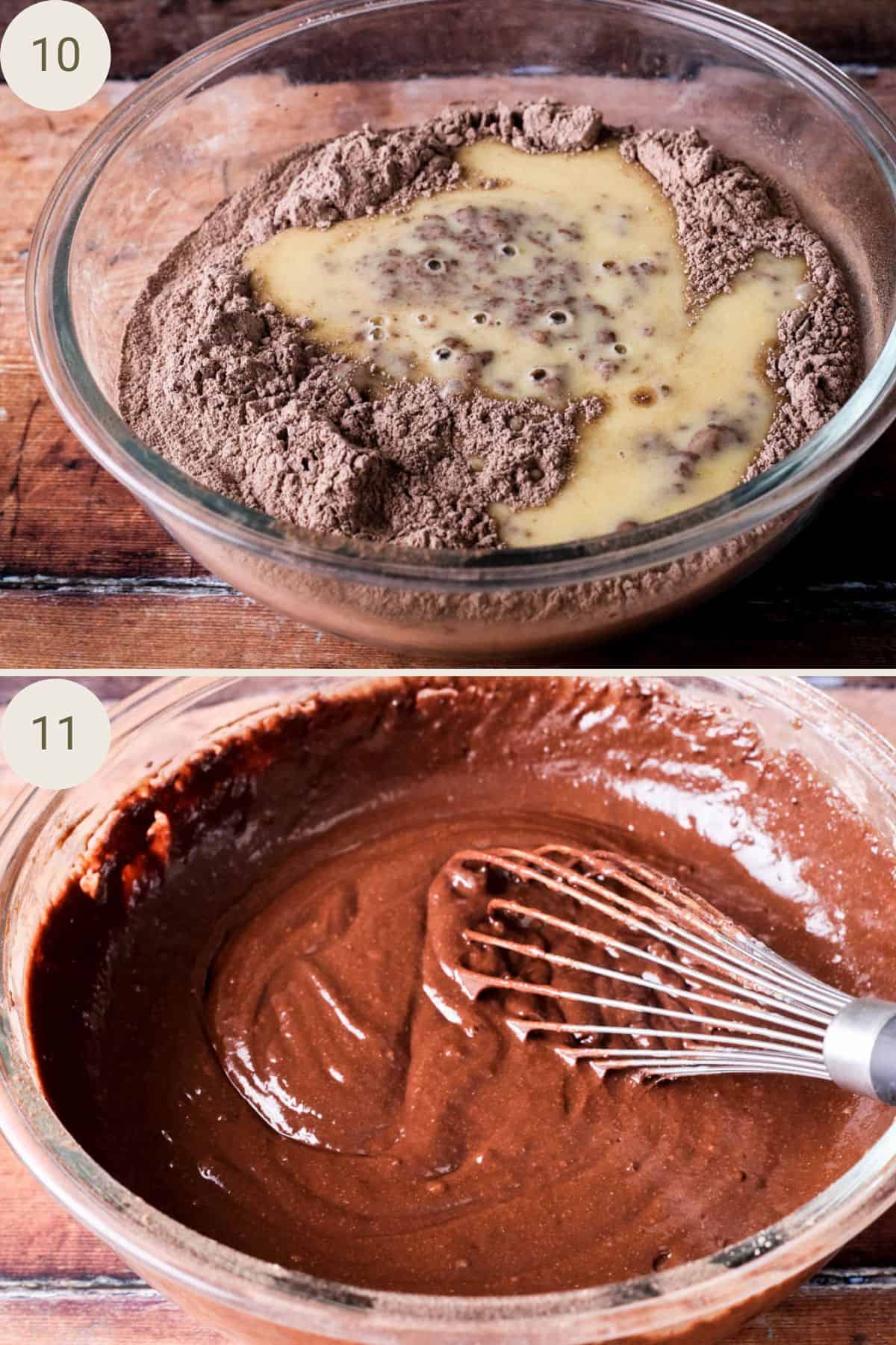 Wet ingredients added into dry ingredients. Stirred together using balloon whisk.