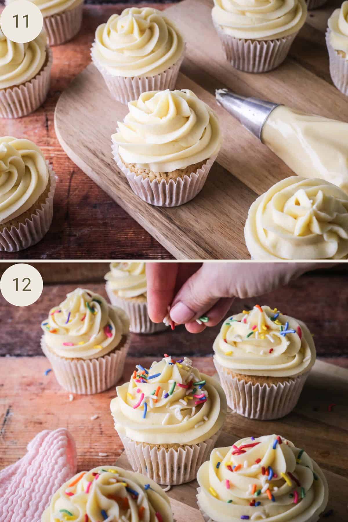 Cupcakes piped with buttercream using open star tip into a swirl. Sprinkles added to the top.