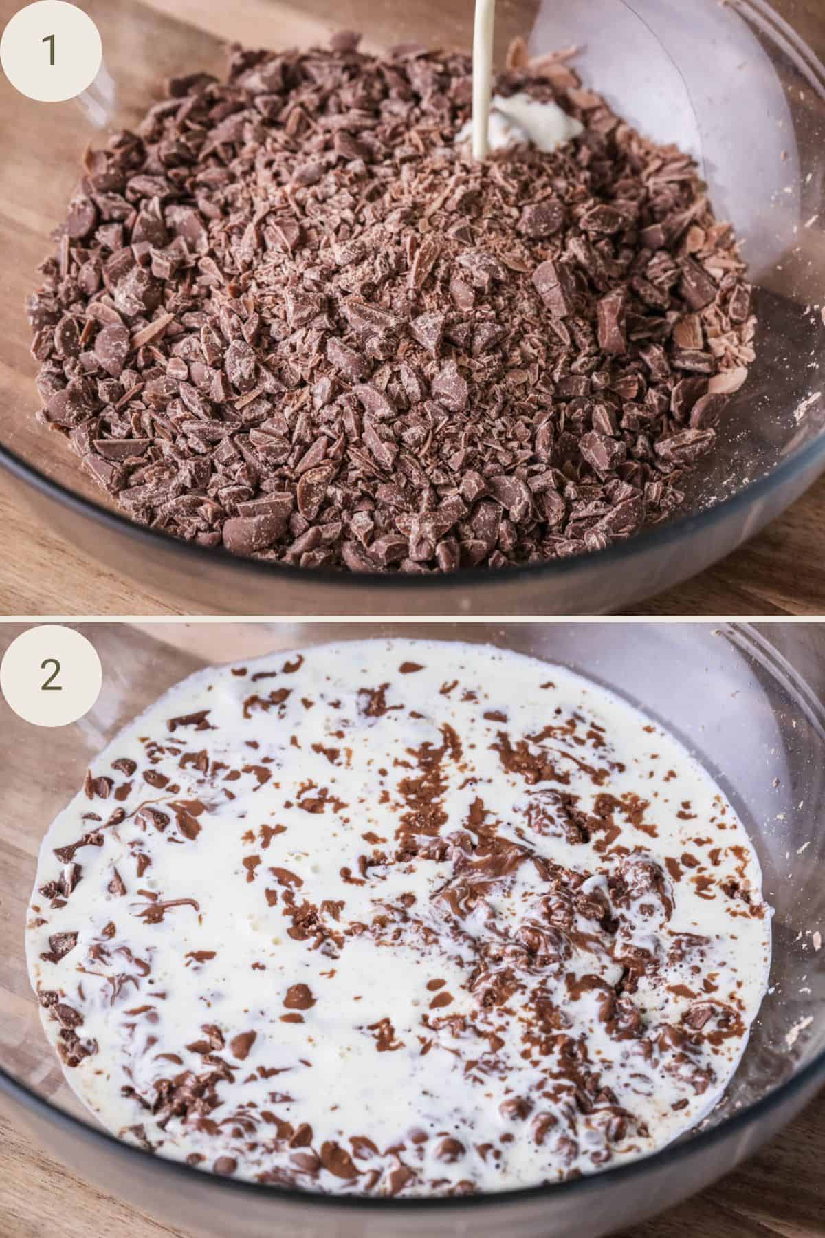 Warm cream poured into a bowl of finely chopped milk chocolate pieces. Next, the milk chocolate fully submerged in the cream.