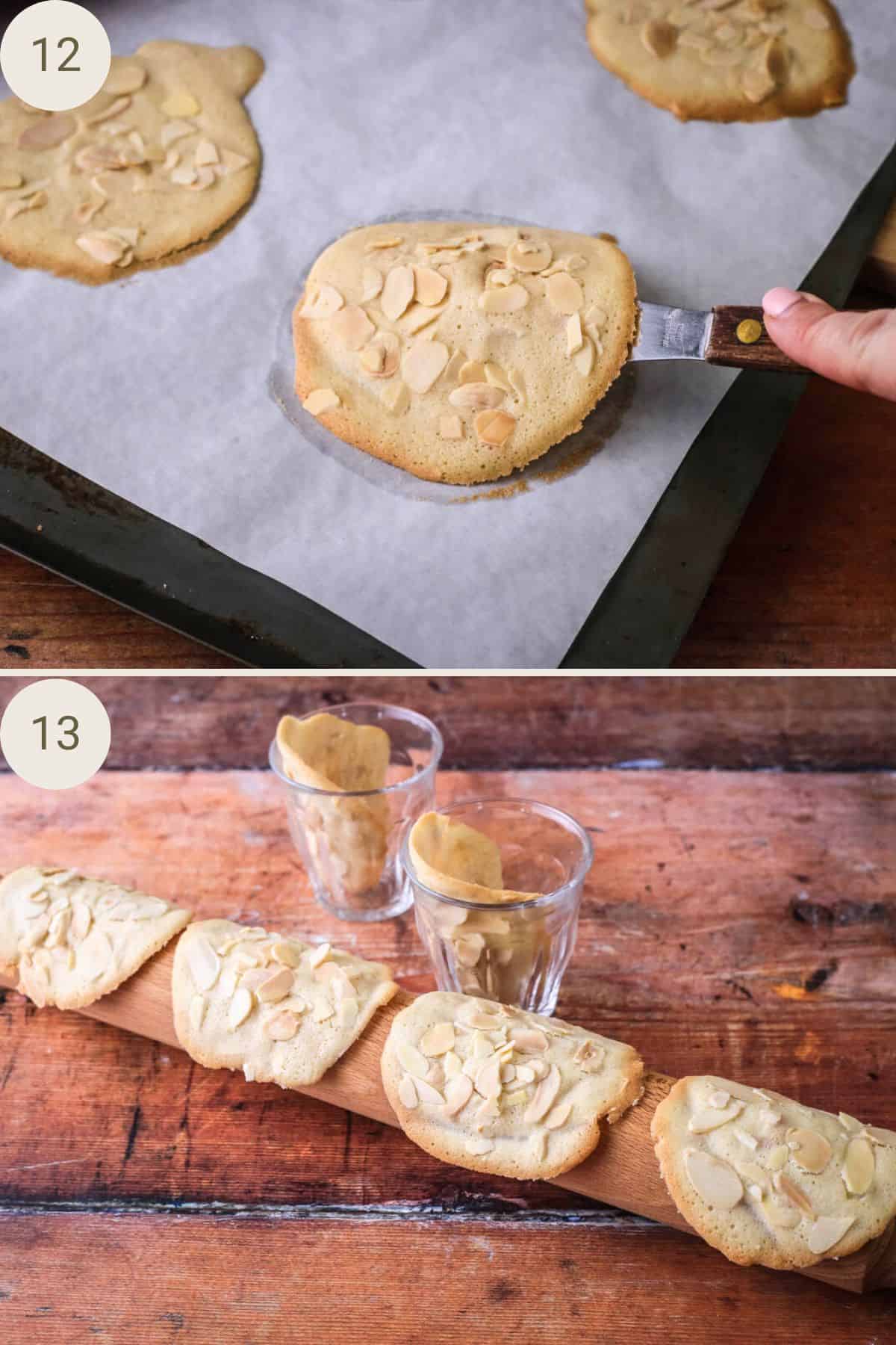 Small spatula lifting a tuile off the baking parchment. Tuile rested around rolling pin and inside glasses to achieve curved shape.