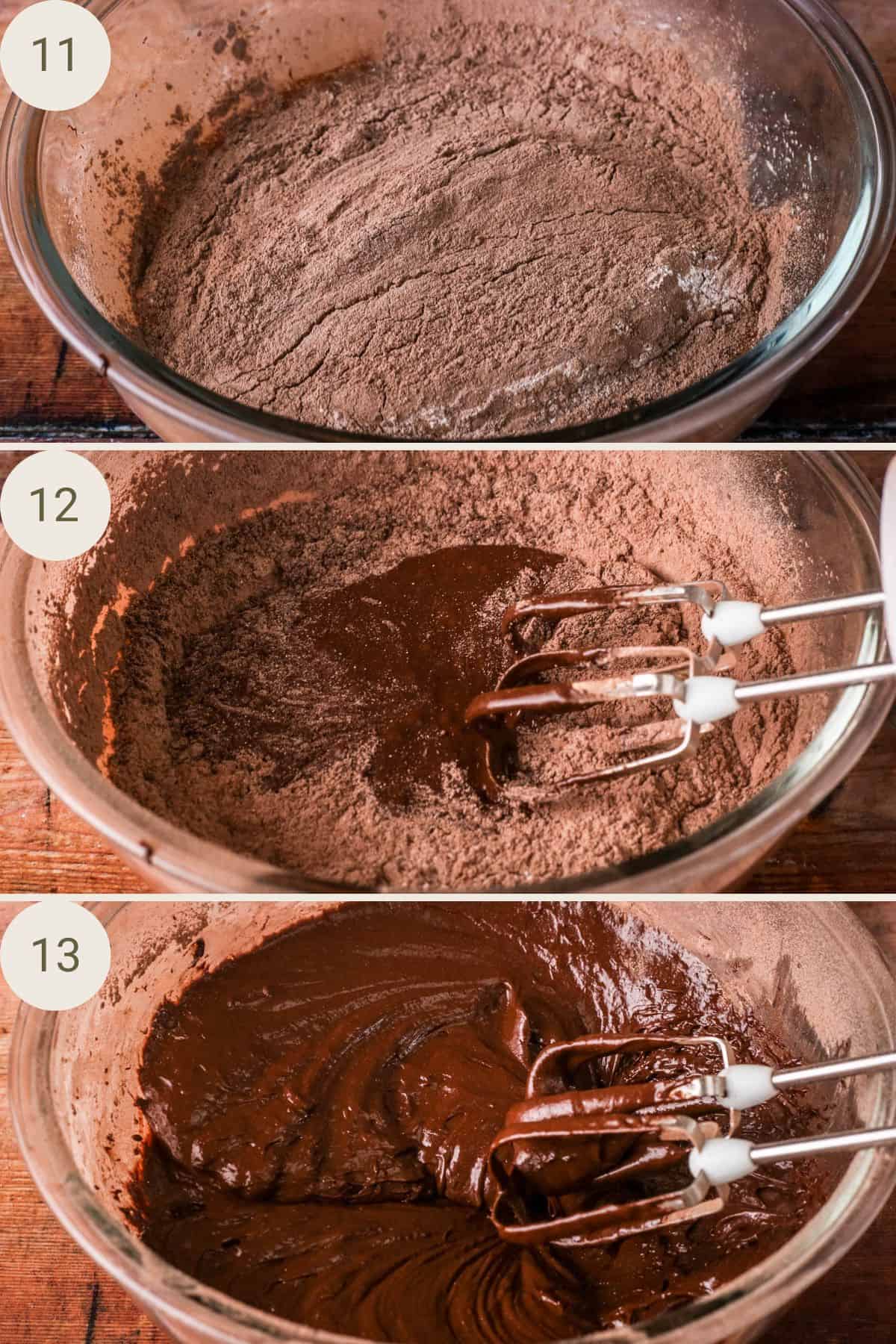 Flour mixture added to mixing bowl. Electric beaters whisking wet and dry ingredients together. Batter thick and indulgent looking after mixing.