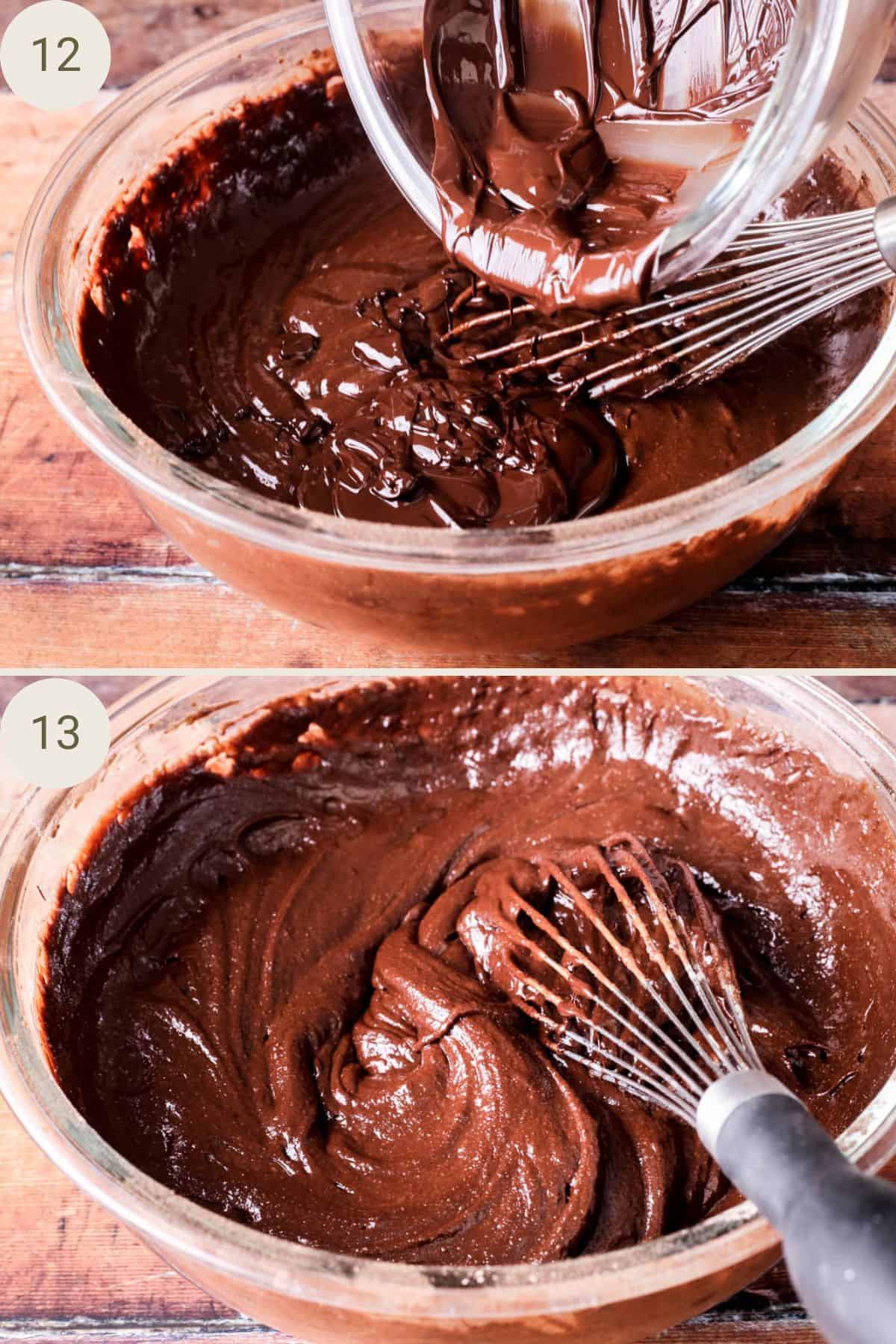 Melted chocolate added to chocolate batter. Mixed together using a balloon whisk until thick.