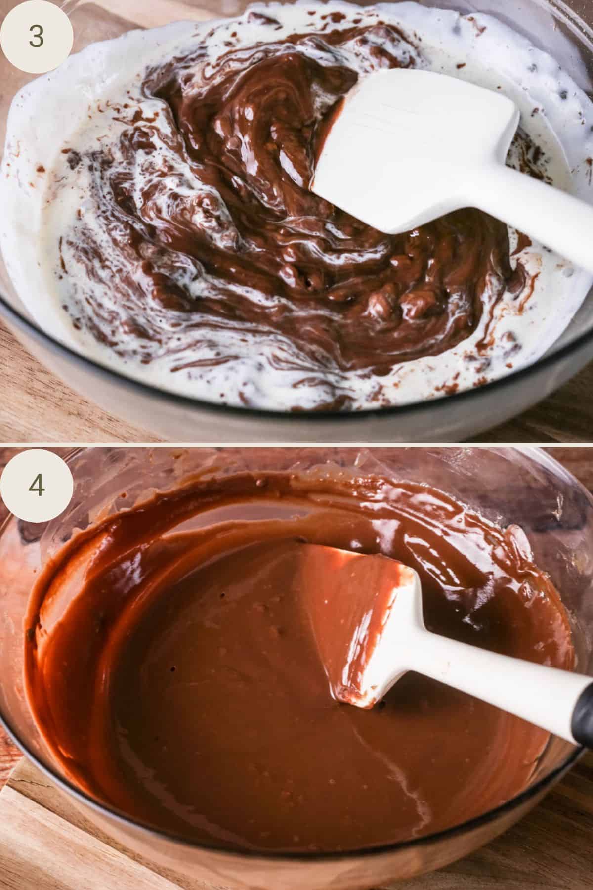 Milk chocolate stirred and melting into warm cream until the mixture is smooth and glossy.