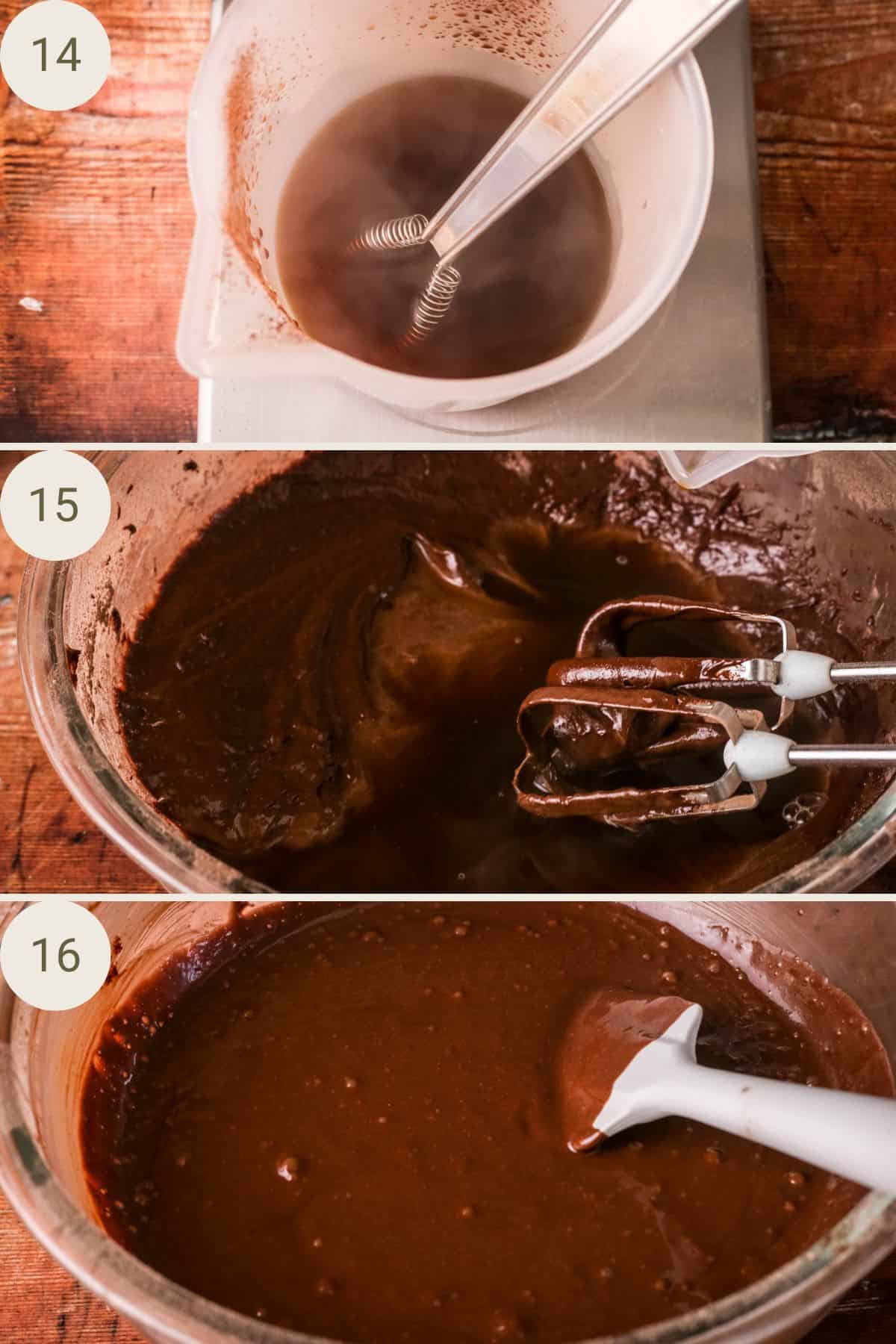 Espresso powder mixed with hot water in measuring jug. Hot coffee poured into chocolate batter. Chocolate batter mixed and thinned out a little in mixing bowl.
