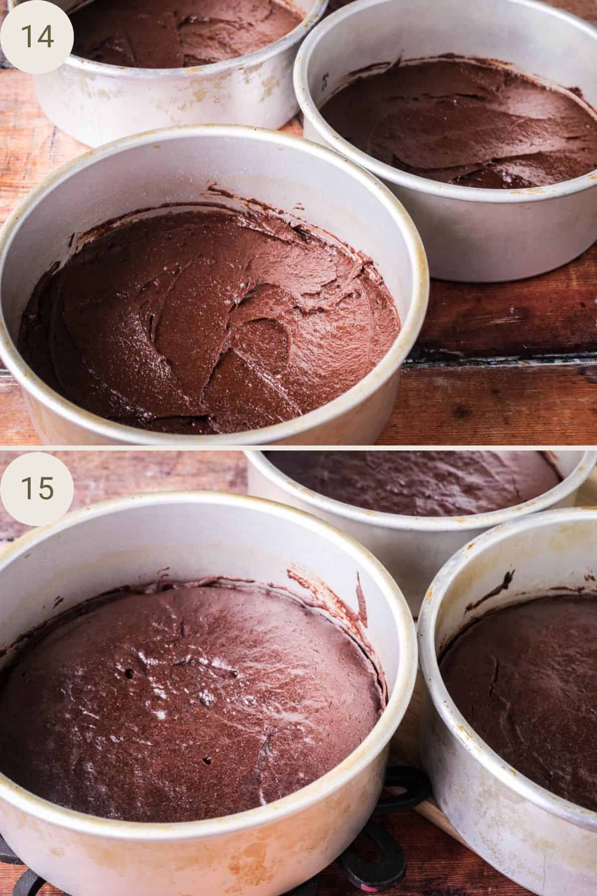 Chocolate cake batter divided between 3 cake tins. Before baking and then after baking.