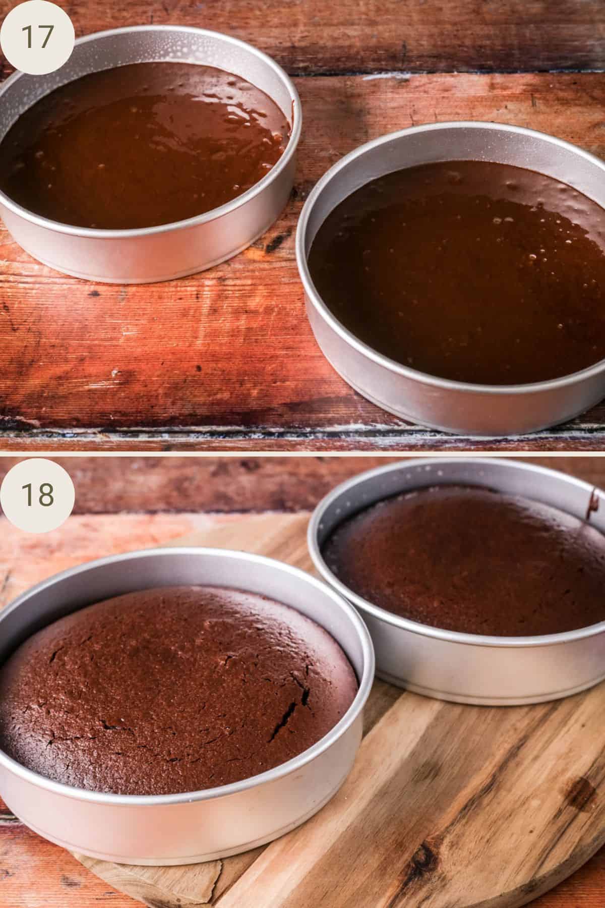 Chocolate sponge batter in cake tins before and after baking.